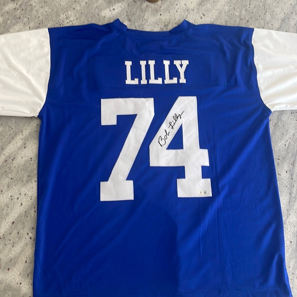 Autographed Cowboys Hall of fame Bob Lilly jersey.